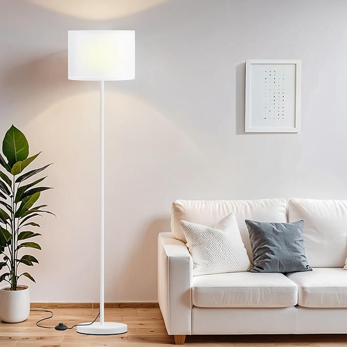 Ambimall 60'' Modern Floor Lamp with Shade, Tall Lamps for Living Room, Bedroom, Office, Dining Room, White Shade with White Pole(Without Bulb)