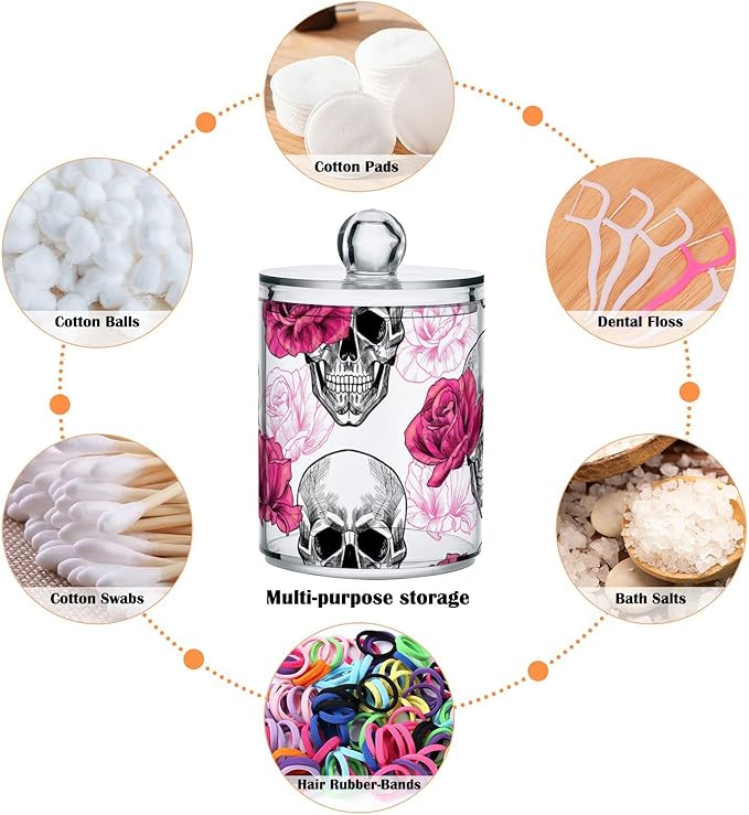 2 Pack Qtip Holder Dispenser Skull Rose Flower Bathroom Storage Canister Lid Acrylic Plastic Apothecary Jar Set Vanity Makeup Organizer for Cotton Swab/Ball/Round Pads, Floss