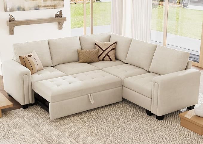 Belffin Modular Sectional Sleeper Sofa with Pull Out Couch Bed Velvet Convertible L Shaped Sectional Couch for Living Room Apartment Beige