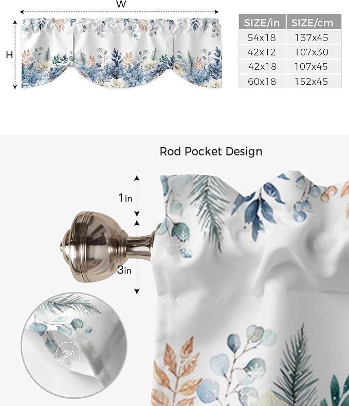 Blue Christmas Poinsettia Blackout Tie Up Valance Curtains for Kitchen Windows Winter Eucalyptus Leaves Window Toppers Balloon Shades for Living Room/Bathroom/Bedroom,1 Panel, 54" X 18",