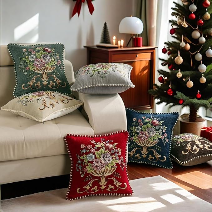 2 Pcs Grey Chenille Vintage Embroidered Throw Pillow Covers 18x18in,Grey Tassel Vintage Pattern Pillow Covers, Floral Embroidered Cushions Covers for Sofa Couch Bed Chairs Car