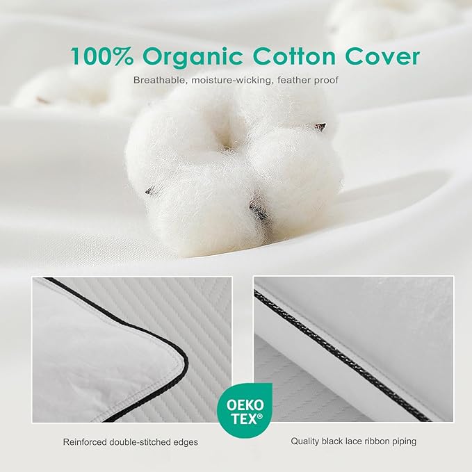 APSMILE Deep Sleep Feathers Pillows, AirF™ Hotel Collection Goose Feather Down Pillow Inserts with Organic Cotton Cover, King Size Bed Pillows for Sleeping (White, 20"x36")