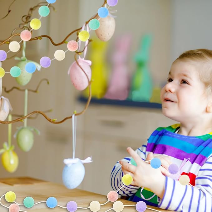 3pk Pastel Pom Pom Garland Easter Decorations Spring Home Decor Indoor Living Room Wall Classroom Xmas Tree, Cute Hanging Rainbow Colorful Felt Ball Garland Baby Shower Wedding Birthday Party Supplies