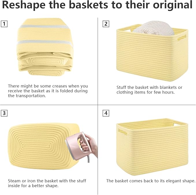 4 Pack Storage Baskets for Organizing Toys, Towels, and Clothes, Woven Basket for Shelves, Durable Nursery Cube Bins for Storage, 13''L x9''W x7.8''H, Yellow