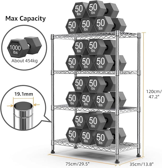 1000 lbs Storage Shelving Steel Heavy Duty 4-Tier Utility Shelving Unit Steel Organizer Wire Rack for Home,Kitchen,Office,Chrome (13.7" D x 29.5" W x 47.2" H)