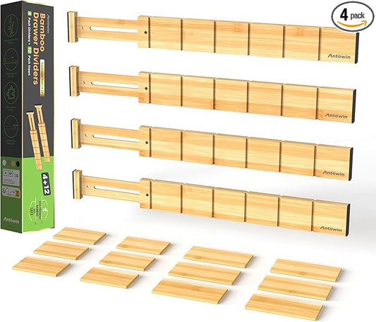 ANTOWIN 4 Pack Expandable Drawer Dividers, 2.2'' High, Extend from 17'' to 22'', Dresser Drawer Organizers, Bamboo Separators for Kitchen, Bedroom, Office, Bathroom, with 12 Pack Divider Inserts