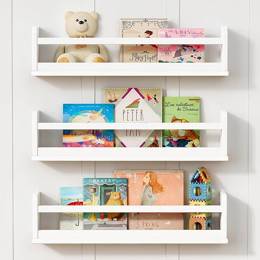 24 Inch Wide Bookshelf for Kids Room Wall Decor, Floating Nursery Book Shelves for Baby Children Teens Bedroom, Corner Hanging Bookshelves Wall Mounted for Classroom Library (White)