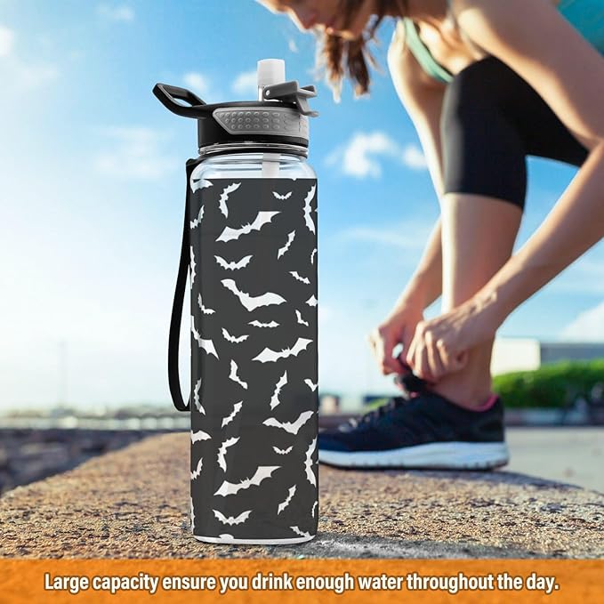 Bat Water Bottle with Straw Halloween Sports Bottles BPA-Free Tritan Water Jug with Carrying Strap for Women Men Gym