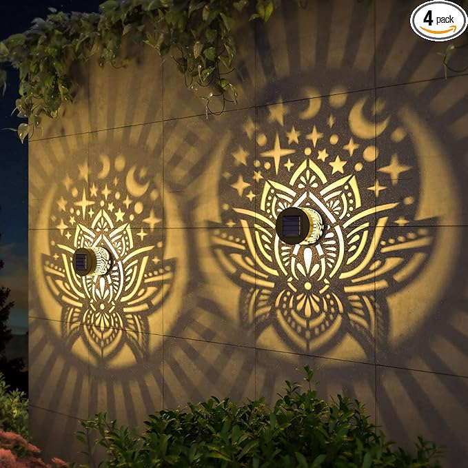 4 Pack Solar Fence Lights Metal Solar Powered Outdoor Wall Deck Lights Lotus Theme Waterproof Fence Light for Garden Post Patio Backyard Yard Decor (Lotus, 4 Pack)