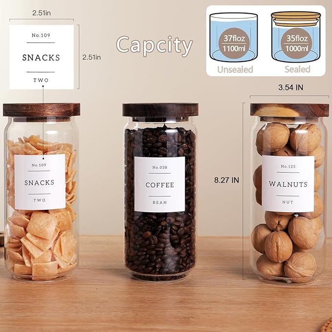 3 Set Glass Pantry Storage Jars with Acacia Airtight Lid - 35oz Thicken Glass Kitchen Canisters with 132 Pantry Labels - Clear Food Storage Containers with Wood Lid for Tea,Sugar,Cookie,Pasta
