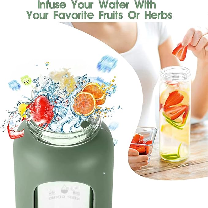 32 oz Glass Water Bottles with Straw - Motivational Glass Water Bottle with Time Marker & Silicone Sleeve(grey)