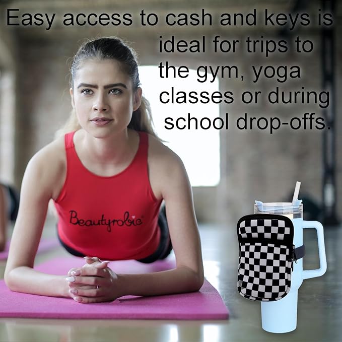 1 Pack Double Pockets Water Bottle Pouch Fit for Stanley Quencher Adventure 40oz & 30oz & 20oz Tumbler, Gym Water Bottle Pouch Running Water Bottle Handheld Caddy - Black and White Lattice