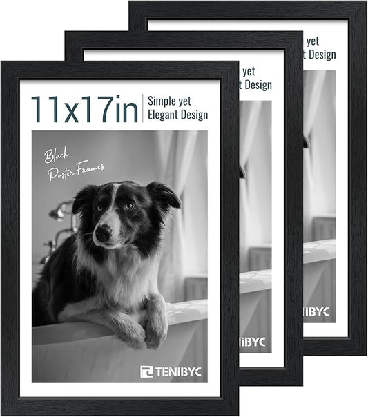 11x17 Picture Frame 3 Pack - Black Woodgrain, Solid Wood & HD Tempered Glass, Wall Gallery Poster Frame