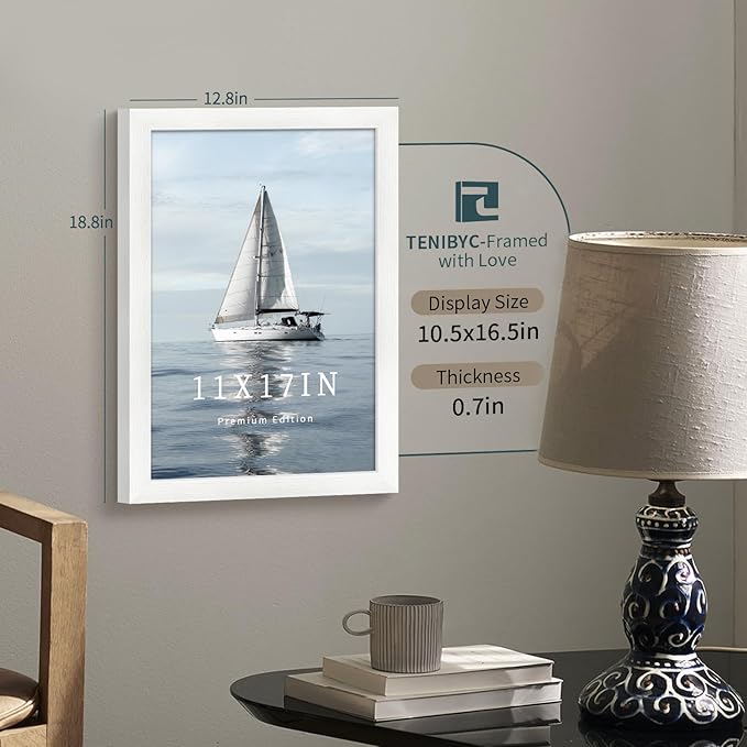 11x17 Picture Frame 3 Pack - White Woodgrain, Solid Wood & HD Tempered Glass, Wall Gallery Poster Frame