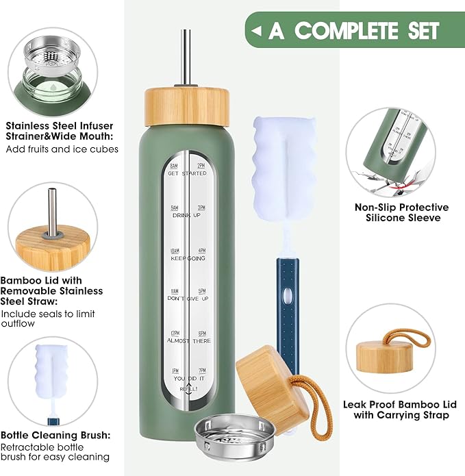 32 oz Glass Water Bottle with Straw - Motivational Time Marker & Silicone Sleeve - Reusable Tumbler Includes 2 Bamboo Lids & Fruit Infuser - 1 Pack