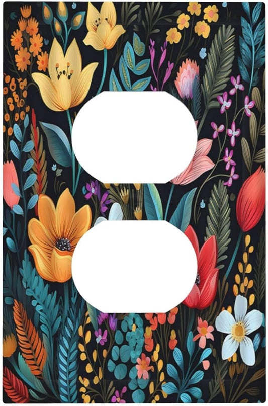 Boho Floral Vintage Flower Leaves Rustic Wildflower Plants Single Duplex Wall Plate Covers Light Switch Cover 1 Gang Outlet Plate Decorative Switchplate Covers Electrical Faceplate for Country Bedroom
