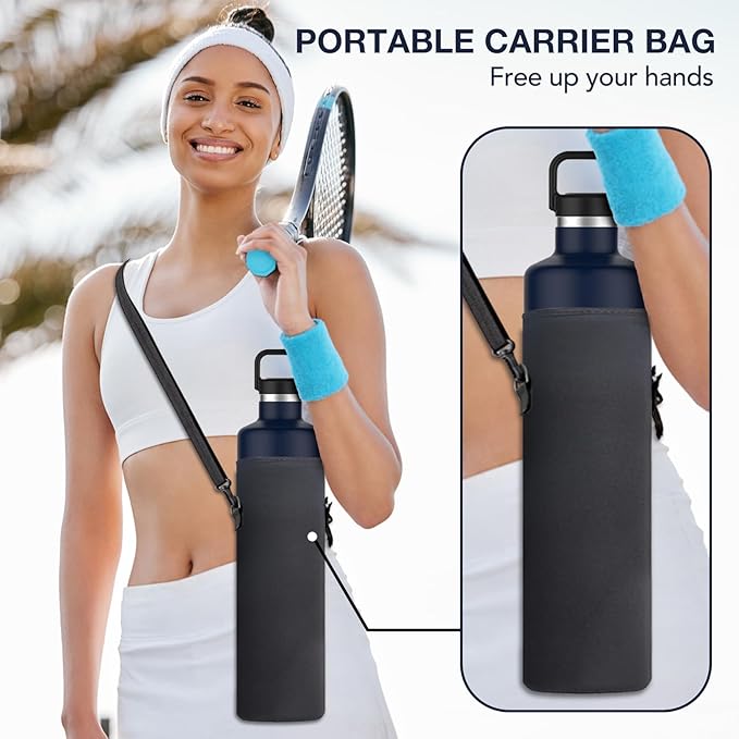 60oz Water Bottle with Carrier Bag, Large Insulated Water Bottle, Stainless Steel Water Bottles, Double Walled Insulated Thermo for Hot Drinks/Cold Drinks, Great for Gym, Hiking, Camping (Navy Blue)