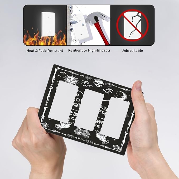 Black Witchy Skeleton Skull Gothic Sun Moon 3 Gang Rocker Novelty Light Switch Covers Decorative Unique Triple Outlet Wall Plate Cover Faceplate Decorative Switchplate GFCI for Kitchen