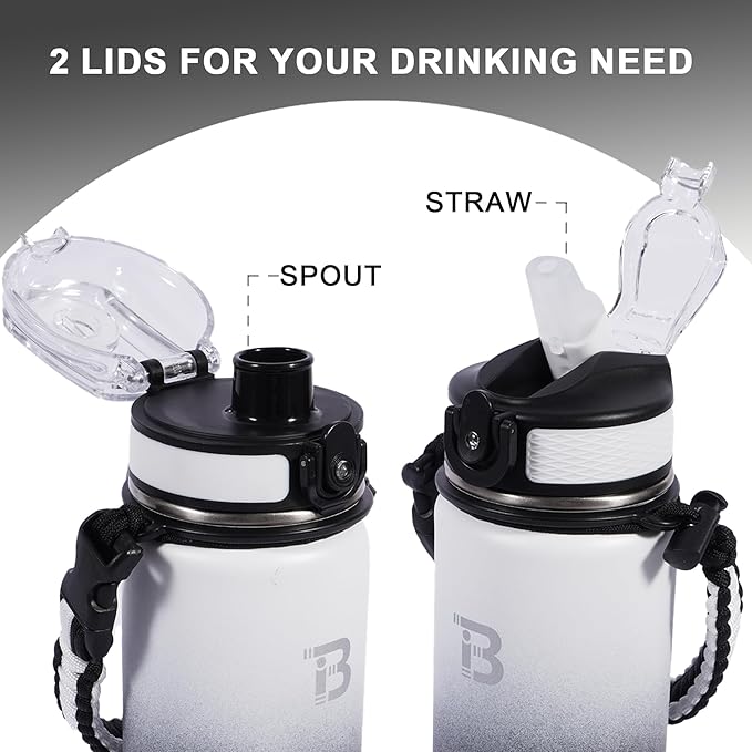 32oz Insulated Water Bottle with Straw Lid & Spout Lid & Paracord Handle, Stainless Steel Water Bottle Wide Mouth, Double Wall for Women Men Gym Fitness Outdoor