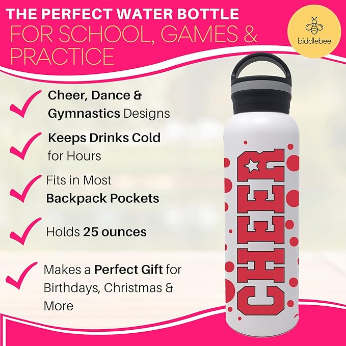 25 oz. Cheer Dance & Gymnastics Stainless Steel Water Bottle - Perfect Gifts for Cheerleaders, Dancers, Gymnasts & Coaches (Cheer Red)
