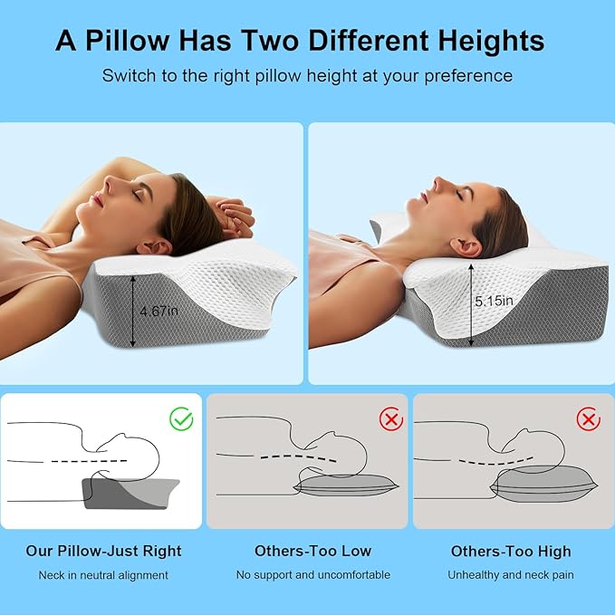 Anvo Ergonomic Pillows for Pain Relief Sleeping - Cervical Pillow for Neck Pain Relief - Memory Foam Pillows for Neck and Shoulder Pain - Neck Pillow for Side Back & Stomach Sleeperr - Silver Firm