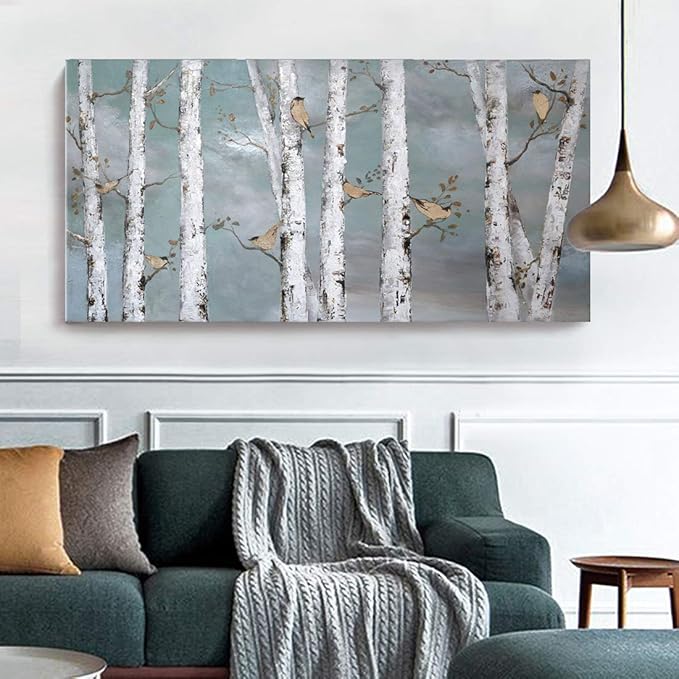 amatop Large Tree Wall Art Hand-Painted Landscape Forest Oil Painting Gallery Wrapped Framed Canvas Gold Bird Artwork 'White Birch at Night' for Living Room Bedroom Office Decor Teal White 48"x24"