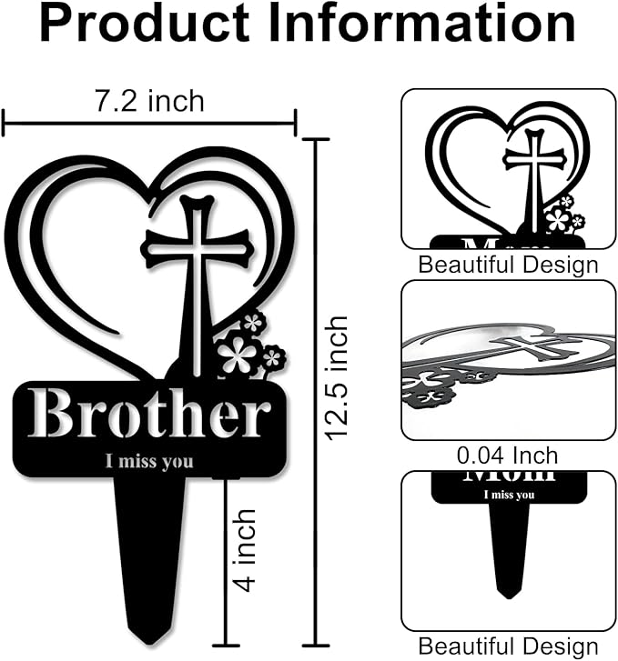 Brother Memorial Grave Stake, Cemetery Decorations for Grave Markers 12.5 x 7.2 inch Heart Metal Sympathy Stakes Graveside Plaque Decor Sign for Brother Graves, Yard, Garden - Black-Brother