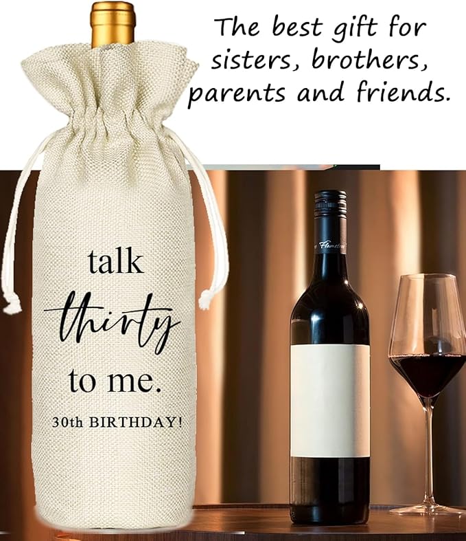 Birthday Gift Wine Bags, Funny Birthday Gift Ideas for Men or Women Turning 30, 30th Birthday Party Decorations, Gift for Friend Sister Brother Coworkers Colleague - Burlap Drawstring Wine Bag Gift