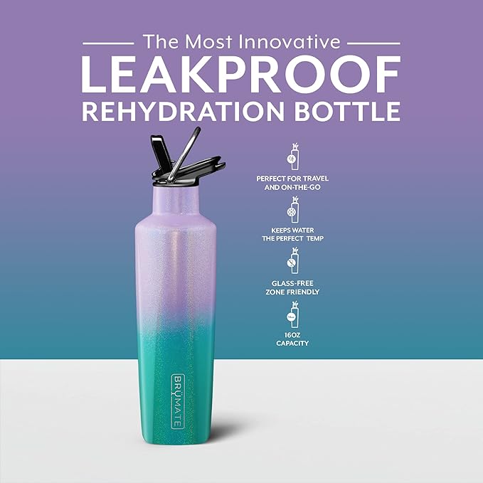 BrüMate ReHydration Mini Kids Water Bottle | 100% Leakproof Insulated Water Bottle for Kids with Straw | Stainless Steel Water Canteen | Perfect Kids Water Bottle for School | 16oz (Glitter Mermaid)