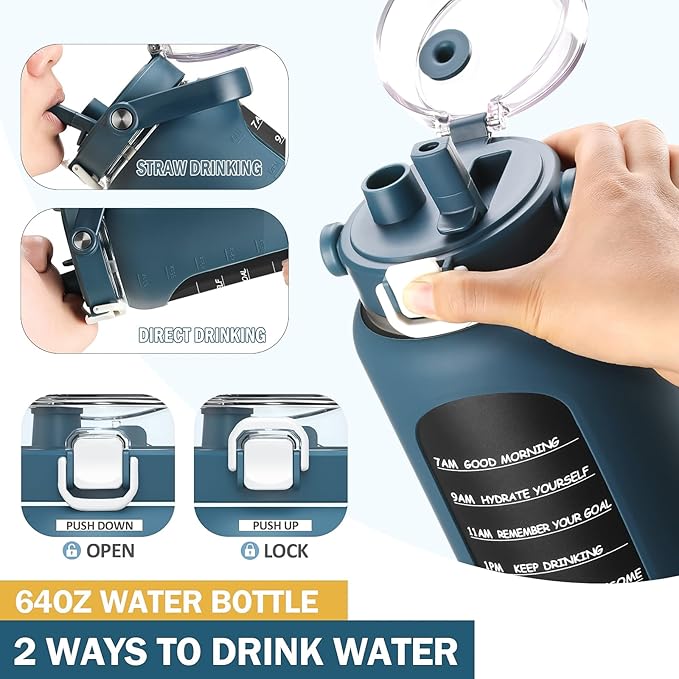 BLUEGO 64oz Insulated Water Bottle with Straw and Handle Leakproof Half Gallon Wide Mouth Motivational Water Bottle, 2-IN-1 Straw Spout Lid Stainless Steel Water Jug for Sport Travel Gym-Dark Blue