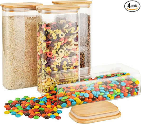 64oz Rectangle Airtight Glass Storage Containers with Bamboo Lids (Set of 4), Square Food Storage Jar, Pantry Organizers for Cereal, Flour, Pasta and Coffee beans (‎with Black Lable)