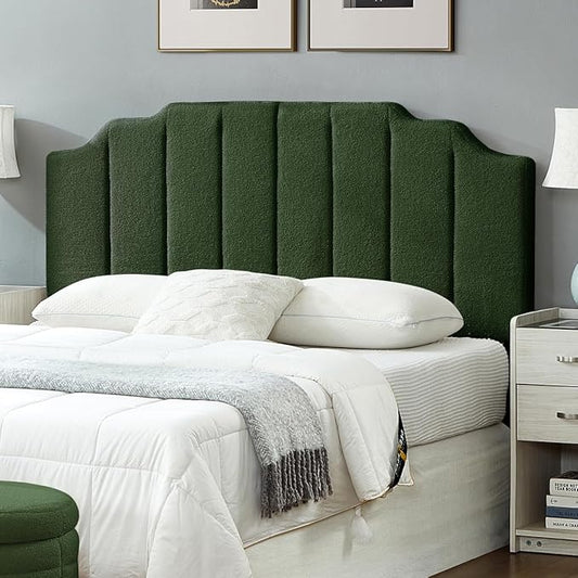 24KF Dark Green Teddy Fabric Tufted for Queen Upholstered Headboard, Modern Vertical Channel Design Full Headboard with Stepped Silhouette Top Edge, 6026-Q-Teddy Dark Green