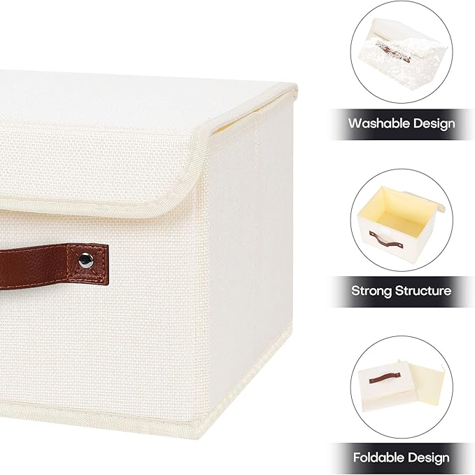 ANMINY 2PCS Storage Bins with Lid PU Leather Handles Storage Boxes PP Plastic Board Decorative Foldable Lidded Cotton Linen Fabric Home Cubes Baskets Closet Organizer Containers - Beige, Small Size