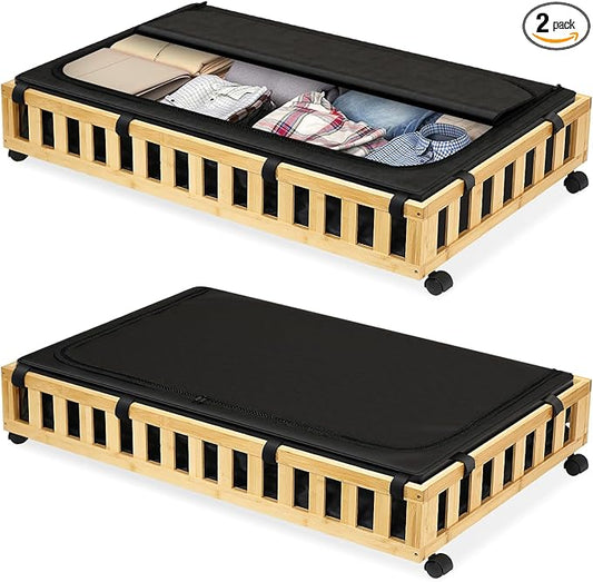 2 Pack Bamboo Under Bed Storage with Wheels, 39”x20”x7.8” Lager Under Bed Storage Containers (Natural)