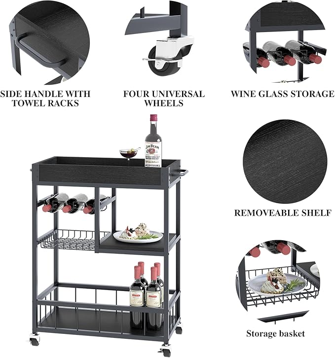 Bar Cart with Basket 3 Tiers Home Rolling Wine Rack with Wheels Mobile Kitchen Industrial Vintage Style Wood Metal Serving Trolley Serving Cart,Black Frame Home Kitchen Shelf for Party