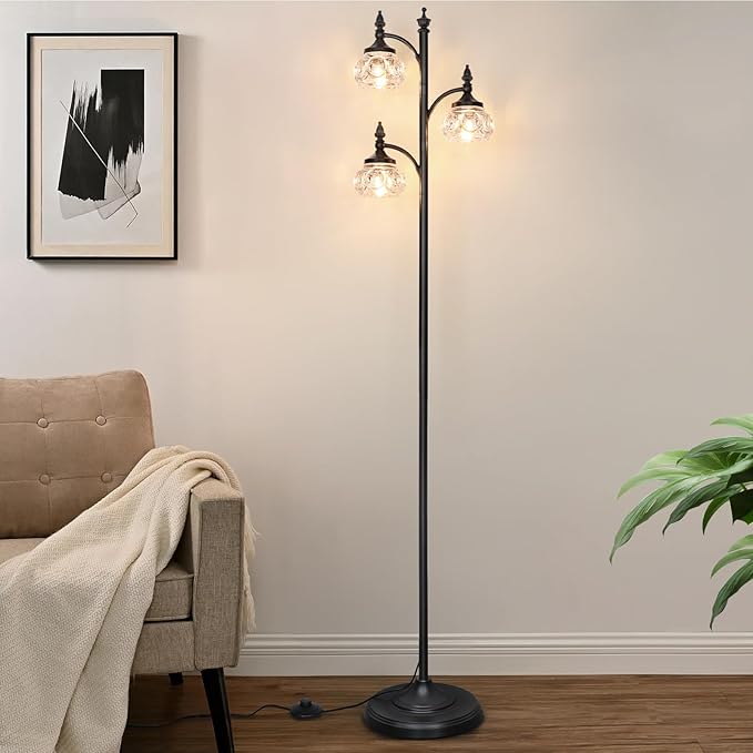 Black Floor Lamp for Living Room,Tall Standing Lamp Dimmable Tree Floor Lamps with 3 Rotatable Lights Glass Shade 66.5'' Modern Corner Lamp for Bedroom Office(3LED Bulbs Included)