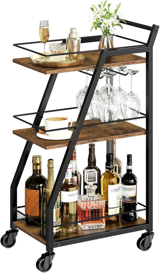 Bar Cart, 3-Tier Bar Cart for The Home, Home Bar Serving Cart with Glass Holders, Beverage Cart for Kitchen, Dining, Party Room, Rustic Brown and Black BC03BR