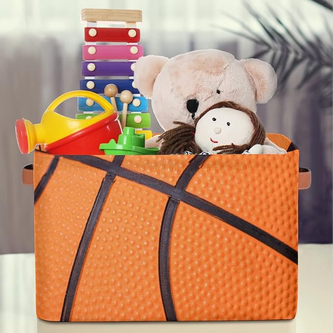 Basketball Print Storage Basket Collapsible Rectangular Storage Bin Large Fabric Storage Boxes Organizer 1Pc with Leather Handles for Clothes Toys Books Kitchen Laundry