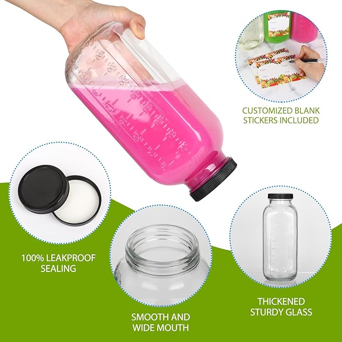 4Pack Juicing Bottles Reusable Glass 32oz,Reusable Square Glass Juice Bottles with Lids,Clear Empty Glass for Beverages, Jams, Kombucha, Milkshakes,Oils(32fl.oz,Set of 4)