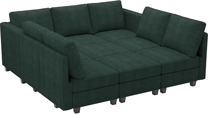 Belffin Corduroy Modular Sectional Sofa 9 Seat Convertible Sectional Sleeper Sofa Bed with Storage Ottomans Modular Sectional Couch Bed for Living Room Green