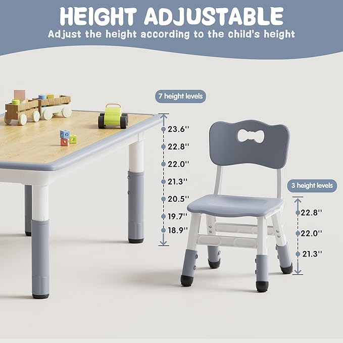 Brelley Kids Table and 6 Chairs Set, Height Adjustable Toddler Desk and Chair Set, Graffiti Desktop, Classroom/Daycare/Home, Children Multi-Activity Table for Ages 2-8