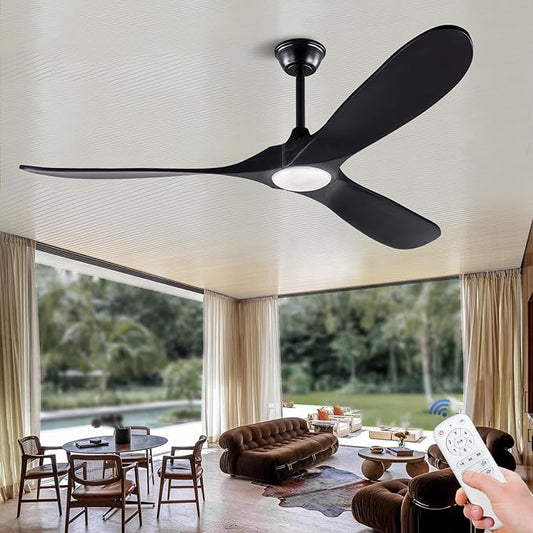 BOJUE 60 Inch Ceiling Fan with Lights Indoor Outdoor Black Ceiling Fan 3 Wooden Blades Remote Control with Light Modern Ceiling Fan for Porch Living Room Bedroom