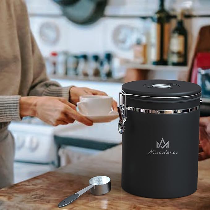 35OZ Coffee Canister for ground coffee with Date Tracker,One Way Co2 Valve 304 Stainless Steel Kitchen Food Airtight storage container for Coffee Beans or Grounds, Sugar Black