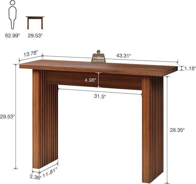 AVZEAR Mid Century Narrow Entryway Console Table, 43.3" Fluted Wood Couch Table Behind Sofa Long and Skinny for Living Room Hallway Entrance Foyer, Walnut