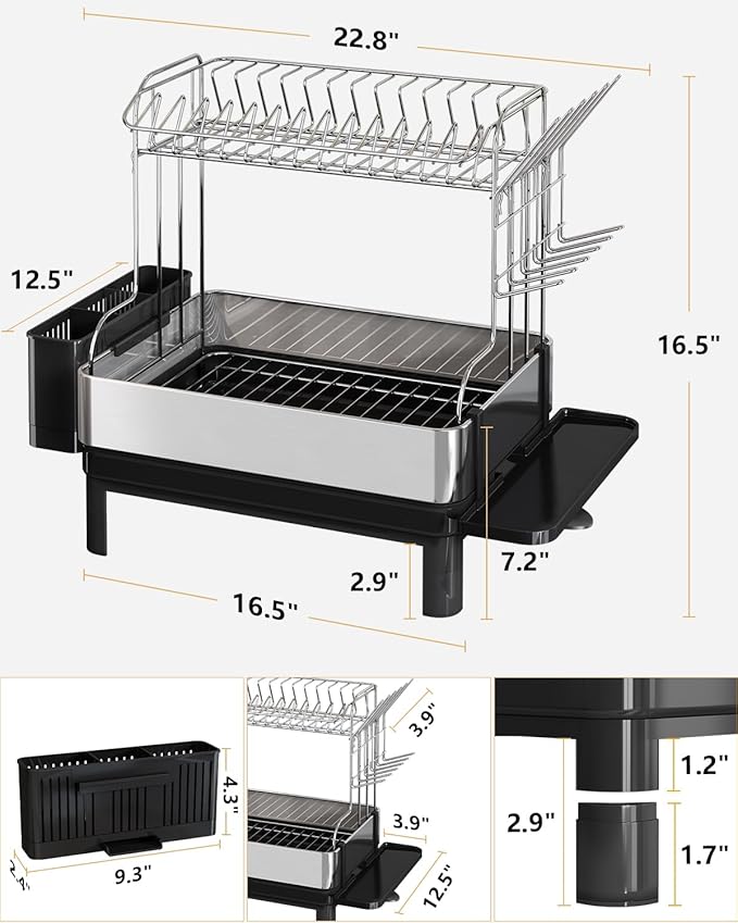 BOOSINY Dish Drying Rack with Drainboard, Stainless Steel Dish Rack, 2 Tier Extra Large Dish Drainer with Cup Holder and Utensil Holder for Kitchen Counter