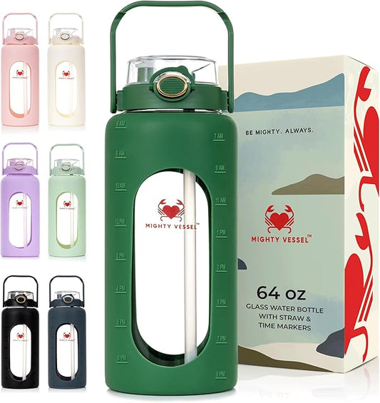64oz Glass Water Bottle | Green Water Bottle with Straw & Time Marker | Half Gallon Water Bottle with Measurements & Silicone Sleeve | Suitable for Travel, Gym, Sports & Daily Intake
