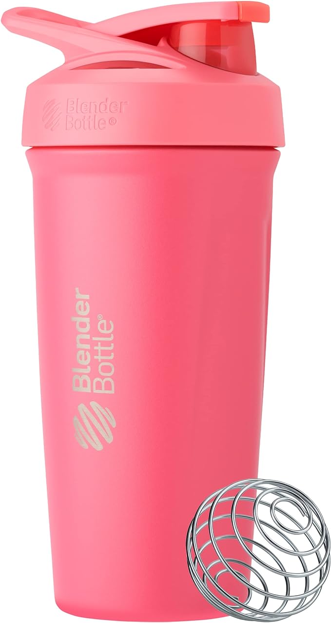 BlenderBottle Strada Shaker Cup Insulated Stainless Steel Water Bottle with Wire Whisk, 24-Ounce, Pink