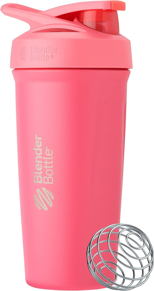 BlenderBottle Strada Shaker Cup Insulated Stainless Steel Water Bottle with Wire Whisk, 24-Ounce, Pink