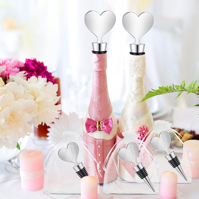 Blank Heart Shape Wine Stopper Stainless Steel Beer Stopper Blank Board Stopper with White Sheer Organza Bags Wedding Favor for Guests Wine Party Gifts Bridal Shower(Silver,24 Sets)