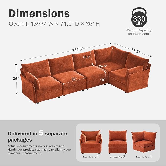 135.5" Oversized Modular Sectional Sofa, L Shaped Convertible Couch with Movable Ottoman, 5 Seat Corner Couches for Living Room Deep Seat Terracotta Orange Chenille